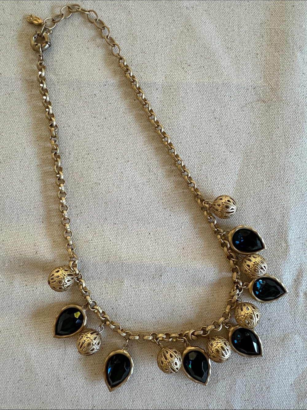 Gold-Tone Necklace with Dark Teal Blue Teardrop Stones